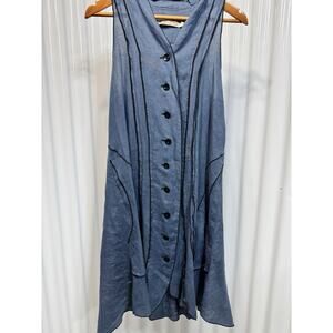 Cynthia Ashby Slate Blue Linen Dress With Raised Black Trim Size Small